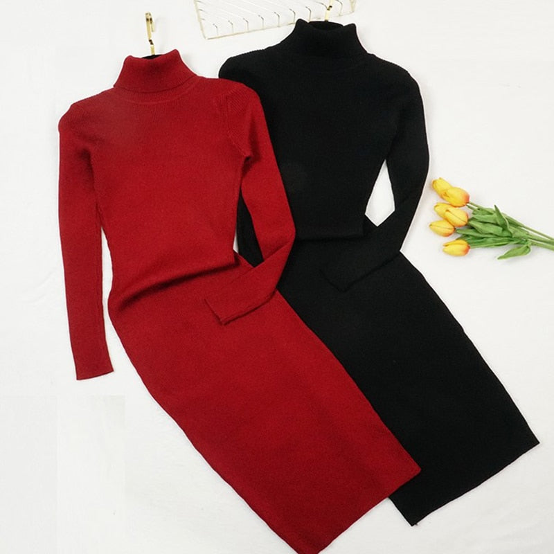 Women's Knitted Turtleneck Sweater Dress