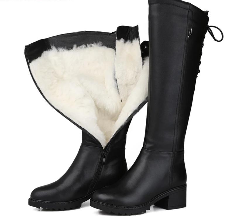 Genuine leather fur fashion knee high boots