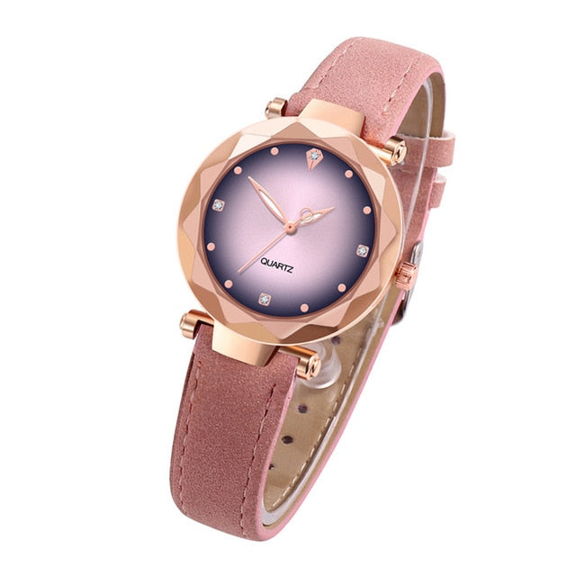 Women's Diamond Dial Purple Leather Quartz Wrist Watch
