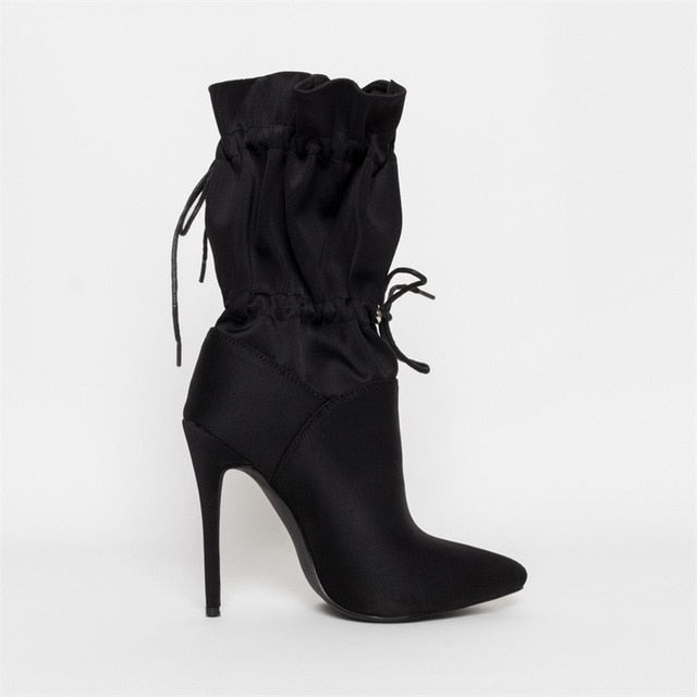 Winter Women's Lycra Fabric Toggle Laces Pointed Toe Ankle Boots