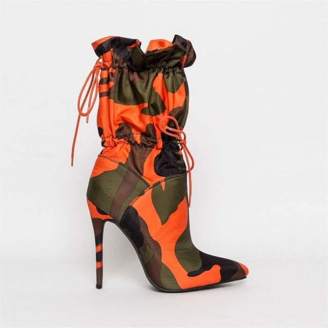 Winter Women's Lycra Fabric Toggle Laces Pointed Toe Ankle Boots