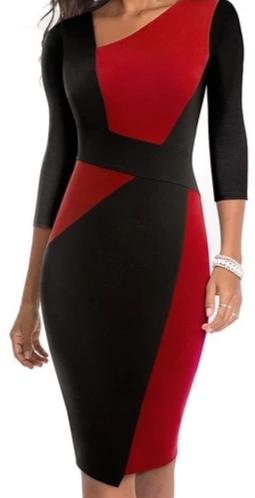 Ladies Nice-Forever Vintage Contrast Color Patchwork Business Dress (With or without Sleeves)