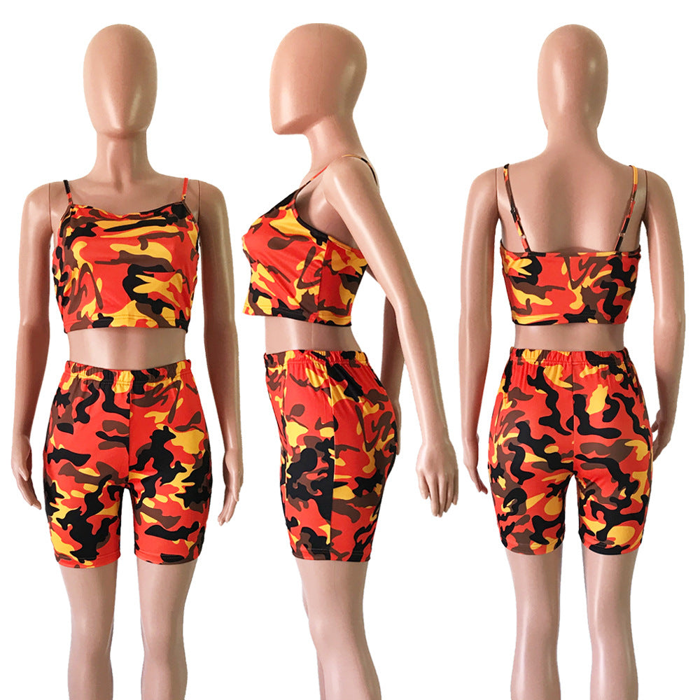 Camouflage Print Casual Two Piece Crop Top and Summer Shorts