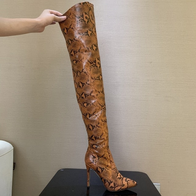 Snakeskin Pointed Toe Thigh High Sexy Over the Knee Boots for Women