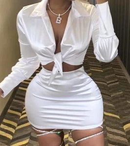 2 Piece Satin Long Sleeve crop top & high waist mini skirt