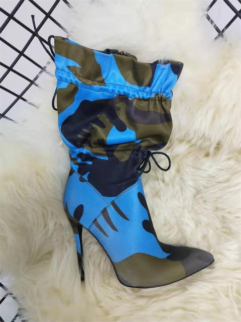 Winter Women's Lycra Fabric Toggle Laces Pointed Toe Ankle Boots