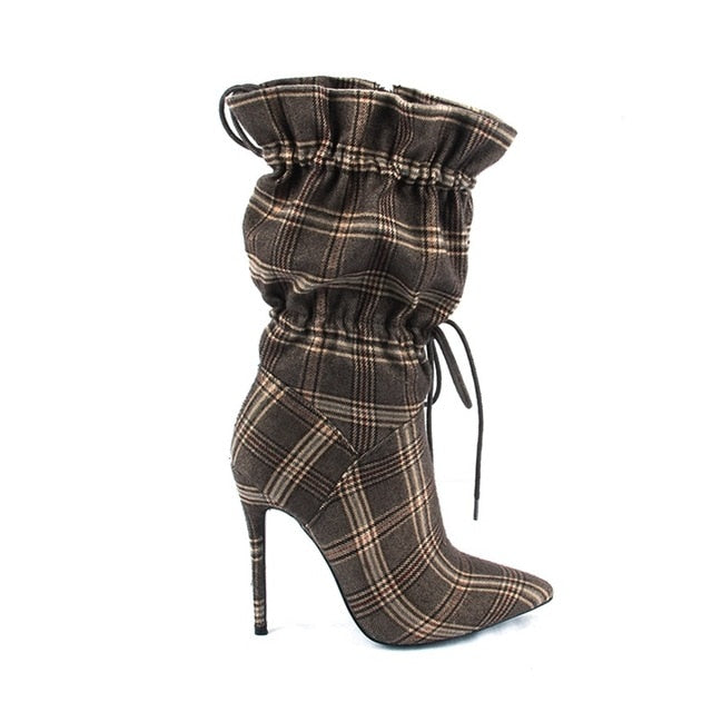 Winter Women's Lycra Fabric Toggle Laces Pointed Toe Ankle Boots