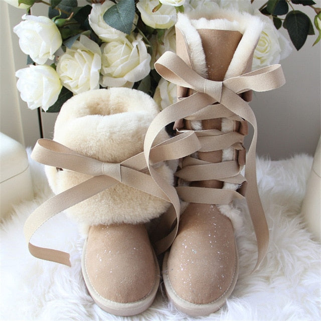 Women Lace Up Shoes Genuine Sheepskin Real Fur 100% Wool Women Winter Snow Boots