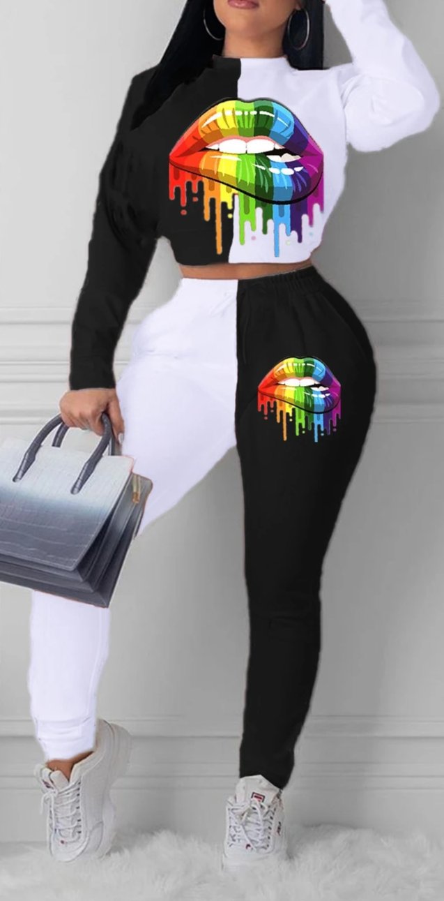 Women Casual 2 piece Turtleneck Mouth Print Long Sleeve Top & Pants