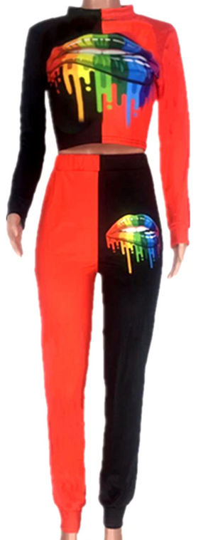 Women Casual 2 piece Turtleneck Mouth Print Long Sleeve Top & Pants