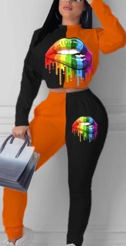 Women Casual 2 piece Turtleneck Mouth Print Long Sleeve Top & Pants