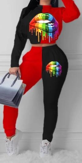 Women Casual 2 piece Turtleneck Mouth Print Long Sleeve Top & Pants