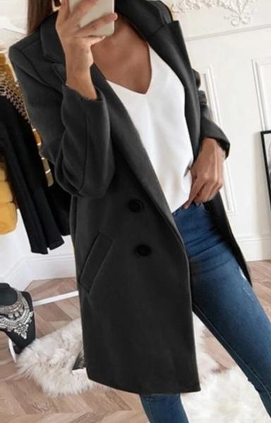 Women Blend Turn-Down Collar Long Wool Jacket Coat