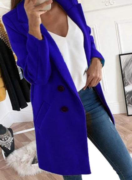 Women Blend Turn-Down Collar Long Wool Jacket Coat