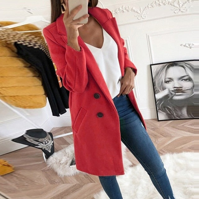 Women Blend Turn-Down Collar Long Wool Jacket Coat