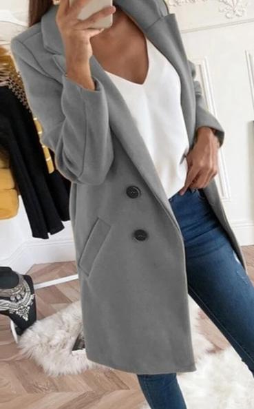 Women Blend Turn-Down Collar Long Wool Jacket Coat
