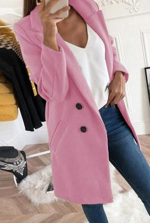 Women Blend Turn-Down Collar Long Wool Jacket Coat
