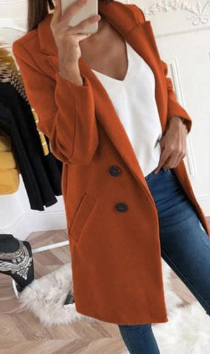 Women Blend Turn-Down Collar Long Wool Jacket Coat