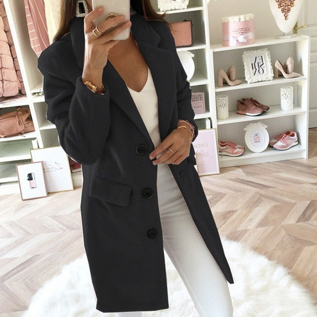 Women Blend Turn-Down Collar Long Wool Jacket Coat