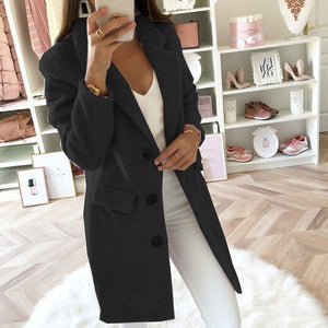 Women Blend Turn-Down Collar Long Wool Jacket Coat