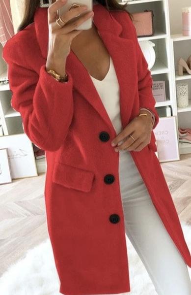 Women Blend Turn-Down Collar Long Wool Jacket Coat
