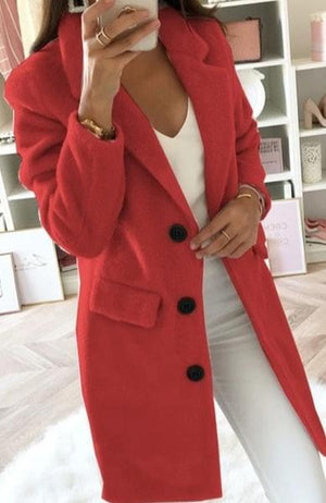 Women Blend Turn-Down Collar Long Wool Jacket Coat