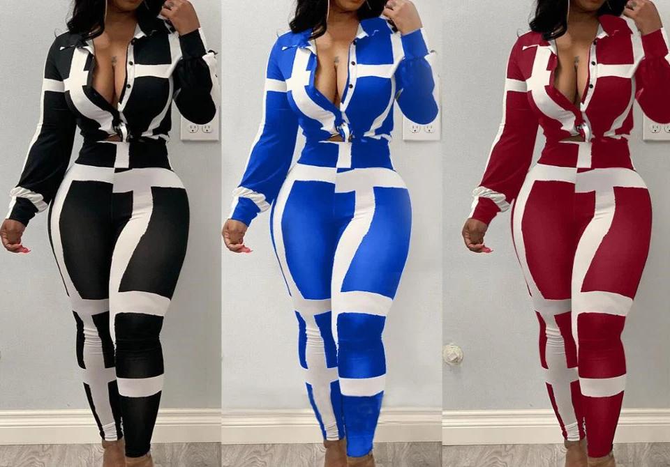 Women's Two piece Sexy printed stripes top and pants set