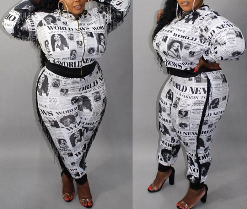 Women Two Piece Newspaper Print  Full Sleeve Tops And Pants up to 5XL