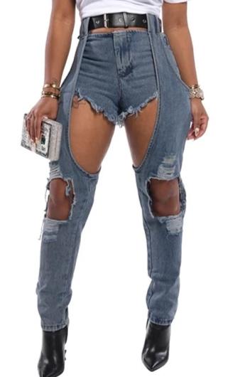 Women Sexy Destroyed Hole Denim High Waist Spliced Ripped Jeans