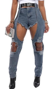 Women Sexy Destroyed Hole Denim High Waist Spliced Ripped Jeans