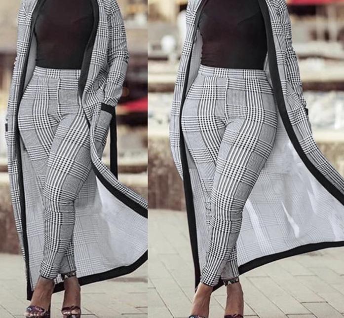 For Women 2 TWO PIECE SET Tie Waist Long Pants Plaid Office Lady Outfit Cloak Maxi Coat Runway Twin Suit X-Long Plus Size Winter