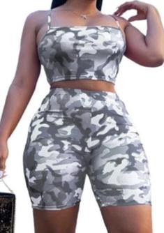 Camouflage Print Casual Two Piece Crop Top and Summer Shorts