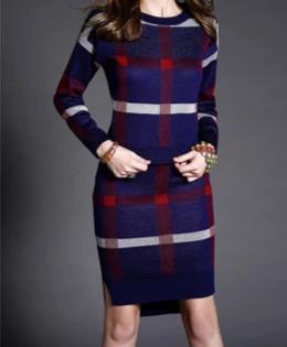 Women's Stretch Striped Long-sleeved  Pullover Knitted 2 Piece Elegant Leisure Skirt