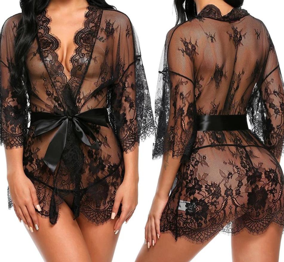 Women's Lace Lingerie with G-String Sexy Sheer Sleep Robe