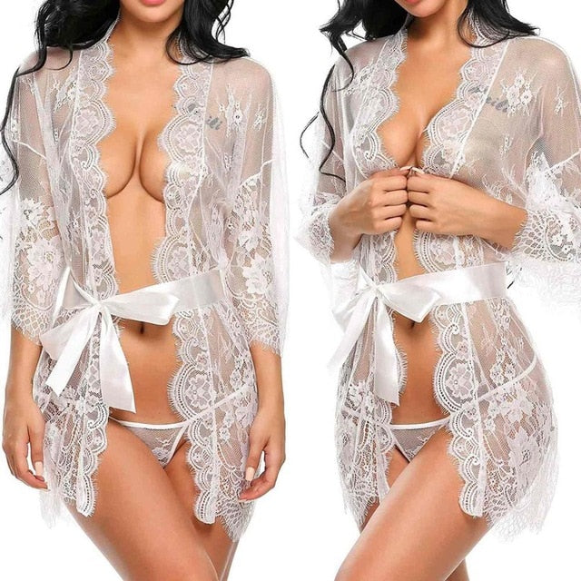 Women's Lace Lingerie with G-String Sexy Sheer Sleep Robe